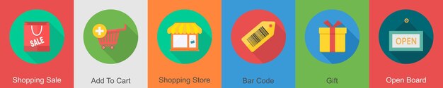 Un conjunto de 6 iconos de compras como venta de compras se agrega a la tienda de compras del carrito