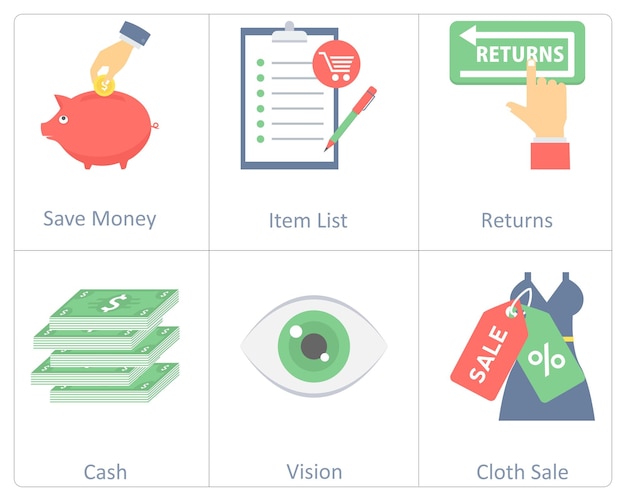 Un conjunto de 6 iconos de compras como venta de telas de visión en efectivo para ahorrar dinero