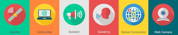 Un conjunto de 6 iconos de comunicación como altavoz de correo en línea por satélite