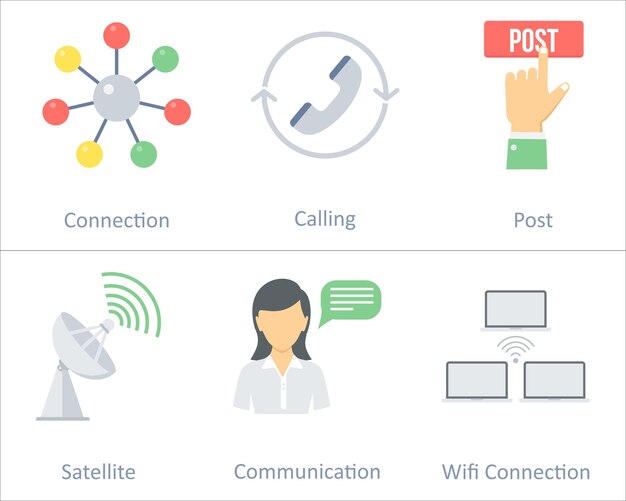 Un conjunto de 6 íconos de comunicación como conectividad de conexión wifi de comunicación por satélite