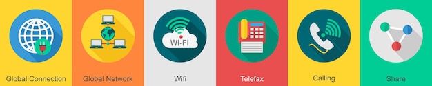 Un conjunto de 6 iconos de comunicación como conexión global red global wifi