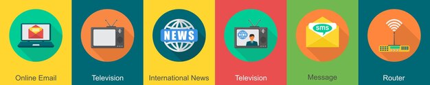 Un conjunto de 6 iconos de comunicación como noticias internacionales de televisión por correo electrónico en línea