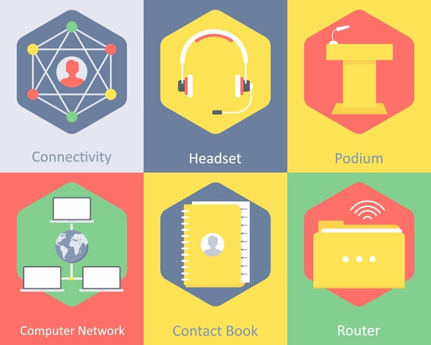 Un conjunto de 6 iconos de comunicación como podio de auriculares de conectividad
