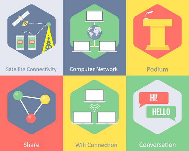 Un conjunto de 6 iconos de comunicación como podio de red de computadoras de conectividad por satélite