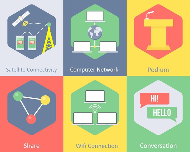 Vector un conjunto de 6 iconos de comunicación como podio de red de computadoras de conectividad por satélite