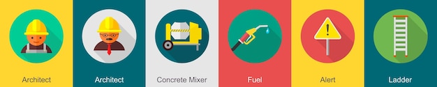 Un conjunto de 6 iconos de construcción como combustible para mezcladoras de hormigón de arquitecto