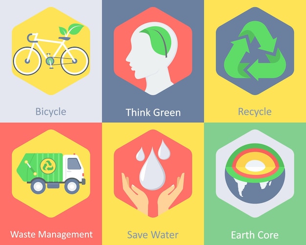 Un conjunto de 6 íconos de la ecología como la bicicleta piensa verde reciclaje gestión de residuos