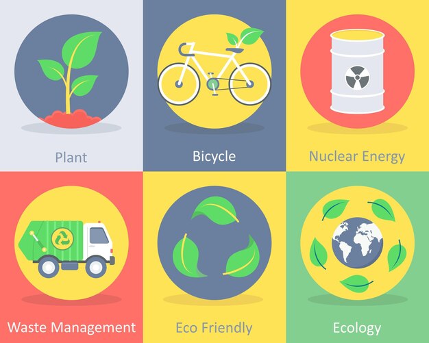 Un conjunto de 6 iconos de ecología como la bicicleta de plantas energía nuclear