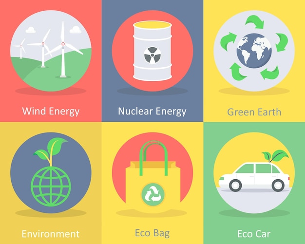 Un conjunto de 6 iconos de ecología como la energía eólica y la energía nuclear