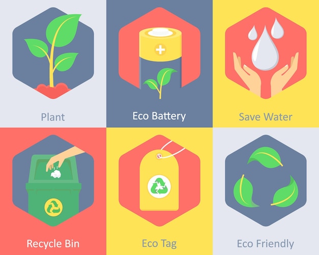 Un conjunto de 6 iconos de ecología como planta eco batería ahorrar agua contenedor de reciclaje