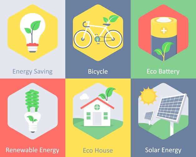 Un conjunto de 6 iconos ecológicos como batería ecológica de bicicleta de ahorro de energía