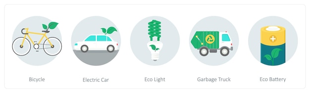 Un conjunto de 6 iconos ecológicos como bicicletas, coches eléctricos y luces ecológicas.