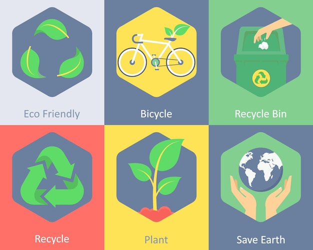 Vector un conjunto de 6 iconos ecológicos como un contenedor de reciclaje de bicicletas ecológico