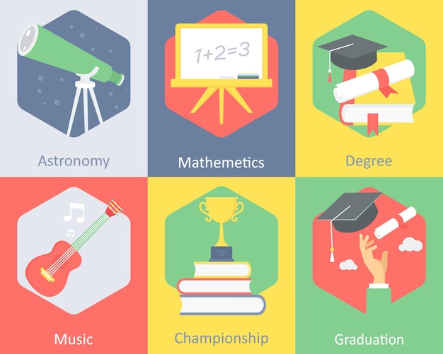 Un conjunto de 6 íconos de educación como grado de astronomía matemáticas