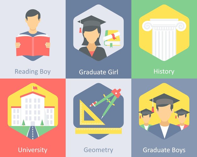 Un conjunto de 6 íconos de la educación como la lectura de la historia del chico graduado de la chica