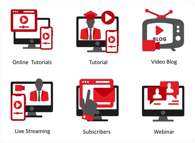 Un conjunto de 6 iconos de educación como tutoriales en línea tutoriales video blog