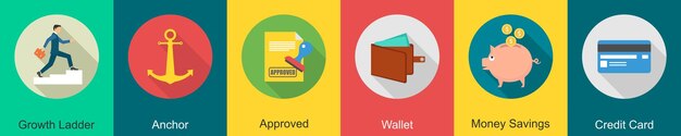 Un conjunto de 6 iconos empresariales como ancla de la escalera de crecimiento aprobado