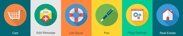 Un conjunto de 6 iconos de interfaz de usuario como ahorro de vida de mensaje de adición al carrito