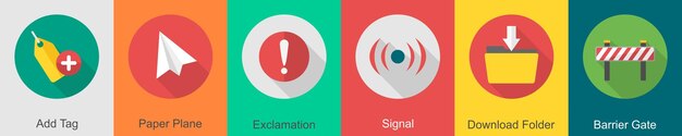 Un conjunto de 6 iconos de interfaz de usuario como añadir etiqueta de papel plano exclamación