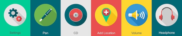 Un conjunto de 6 iconos de interfaz de usuario como configuraciones de pluma CD