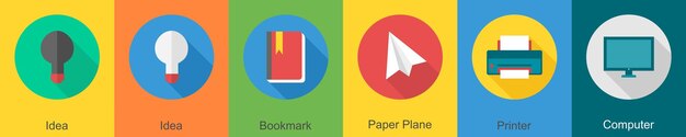 Un conjunto de 6 iconos de interfaz de usuario como idea de marcador de papel plano
