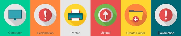 Un conjunto de 6 iconos de interfaz de usuario como impresora de exclamación de computadora