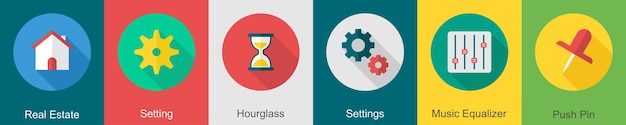Un conjunto de 6 iconos de interfaz de usuario como reloj de arena de configuración de bienes raíces