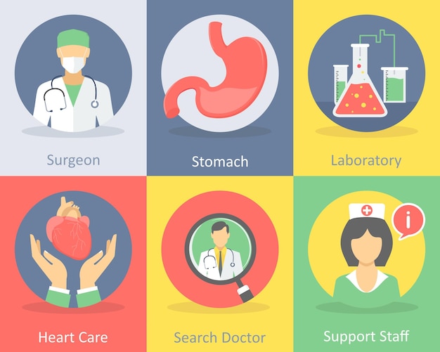 Un conjunto de 6 iconos médicos como el laboratorio de estómago del cirujano