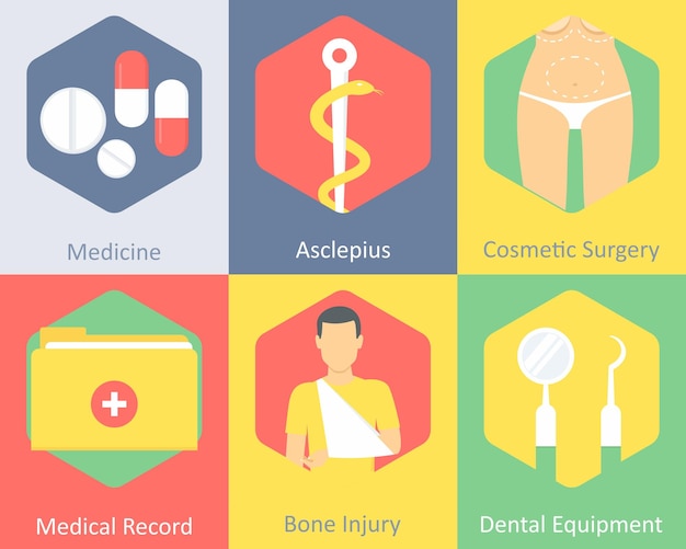Un conjunto de 6 íconos médicos como medicina Asclepio cirugía estética