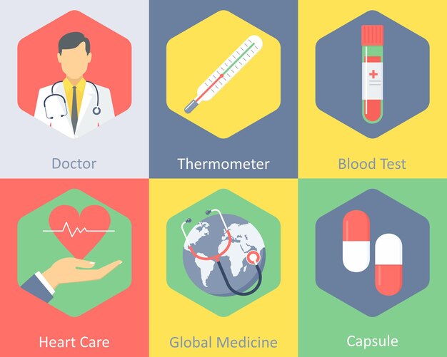 Un conjunto de 6 iconos médicos como el médico termómetro prueba de sangre