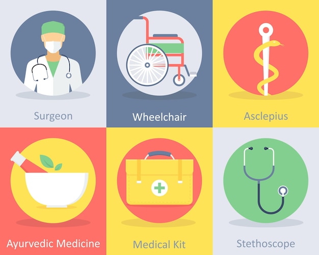 Un conjunto de 6 iconos médicos como la silla de ruedas del cirujano