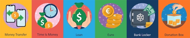 Un conjunto de 6 íconos de mezcla como el tiempo de transferencia de dinero es el préstamo de dinero