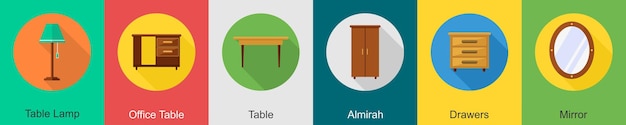 Un conjunto de 6 iconos de muebles como lámpara de mesa mesa de oficina