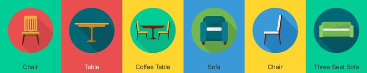 Vector un conjunto de 6 iconos de muebles como mesa de sillas mesa de café
