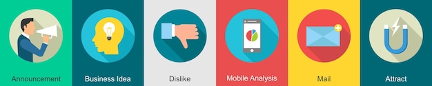 Un conjunto de 6 iconos de negocios como anuncio de ideas de negocios que no les gustan