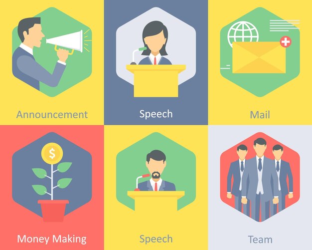 Un conjunto de 6 iconos de negocios como correo de discurso de anuncio