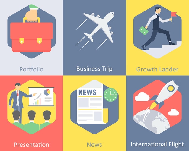 Un conjunto de 6 iconos de negocios como una escalera de crecimiento de viajes de negocios de cartera