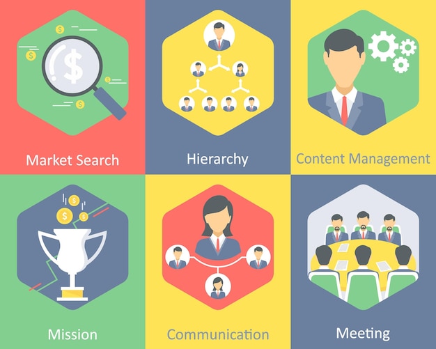Un conjunto de 6 iconos de negocios como gestión de contenidos de jerarquía de búsqueda de mercado