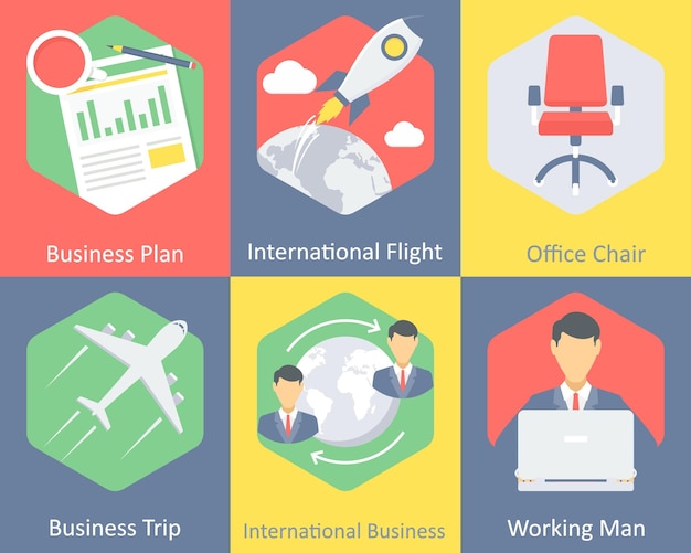 Un conjunto de 6 íconos de negocios como plan de negocios silla de oficina de vuelo internacional
