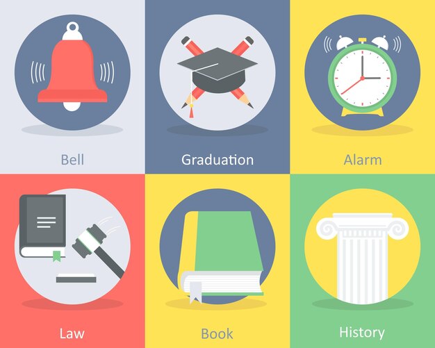 Un conjunto de 6 iconos planos de educación como la alarma de graduación de la campana