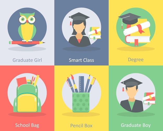 Un conjunto de 6 íconos planos de educación como la clase inteligente de chicas graduadas