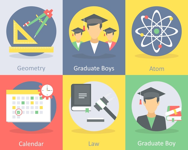 Un conjunto de 6 íconos planos de educación, como los niños graduados en geometría