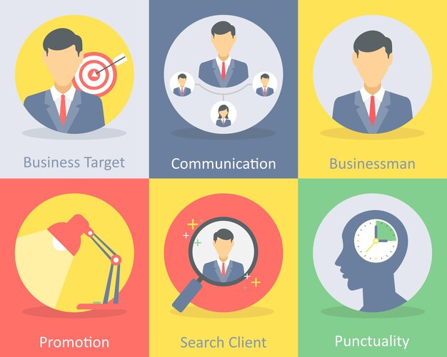 Un conjunto de 6 iconos planos empresariales, como la comunicación de objetivos empresariales