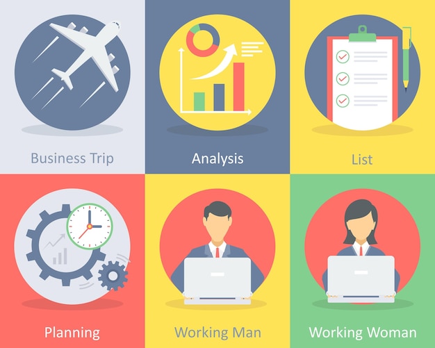 Un conjunto de 6 iconos planos de negocios, como el análisis de viajes de negocios