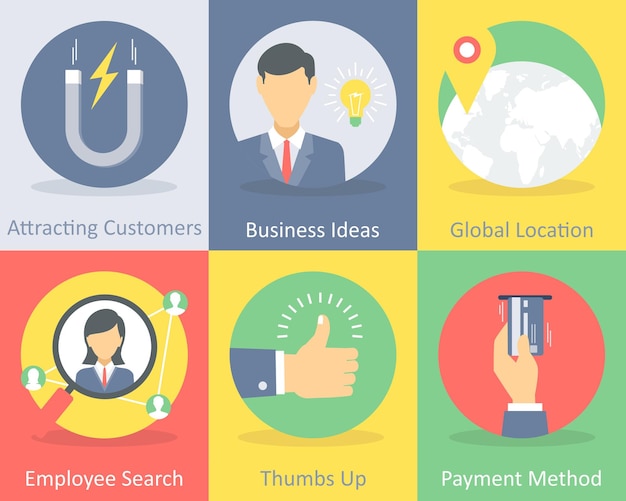 Un conjunto de 6 iconos planos de negocios como atraer ideas de negocios de clientes