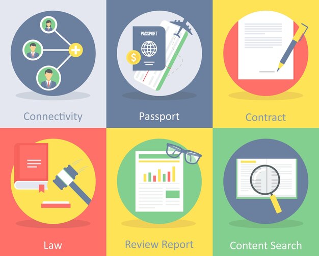 Un conjunto de 6 iconos planos de negocios como el contrato de pasaporte de conectividad