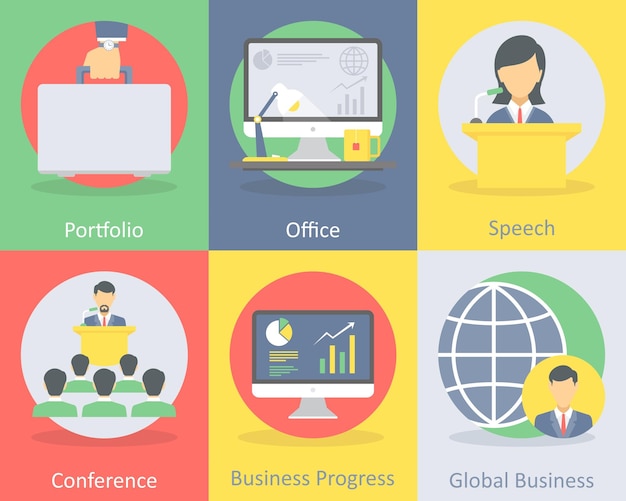 Un conjunto de 6 iconos planos de negocios, como el negocio de la bolsa de cartera