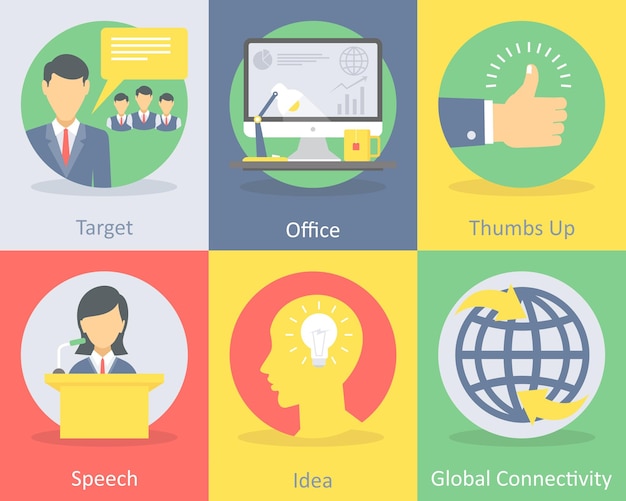 Un conjunto de 6 iconos planos de negocios como los pulgares hacia arriba de la oficina objetivo