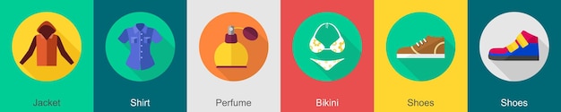 Un conjunto de 6 iconos de ropa como abrigo camisa perfume