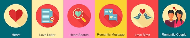Un conjunto de 6 iconos de San Valentín como una carta de amor de corazón búsqueda de corazón
